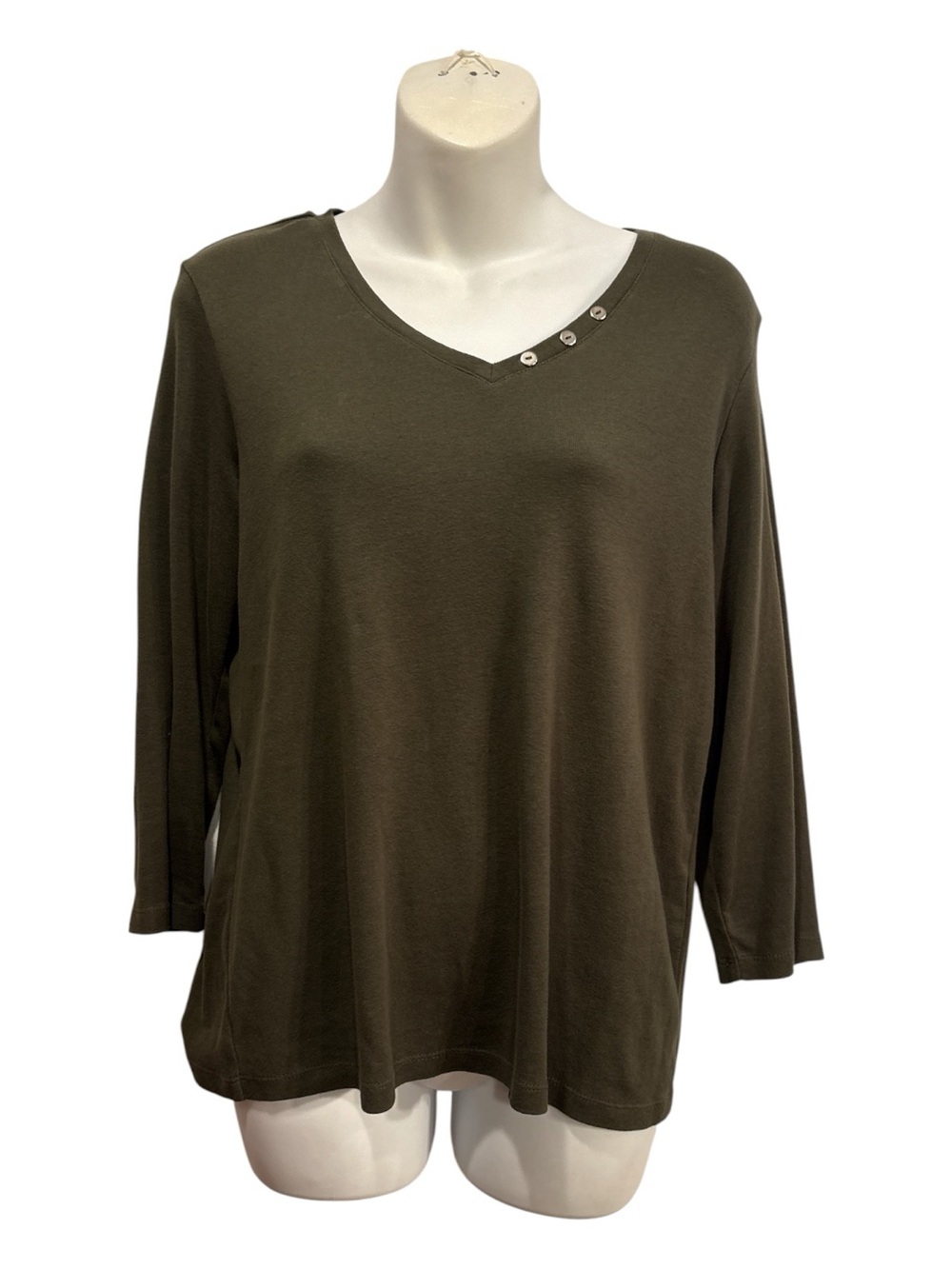 Chico's Olive V-Neck 3/4 Sleeve Top with Button Trim size medium or Chico’s 1